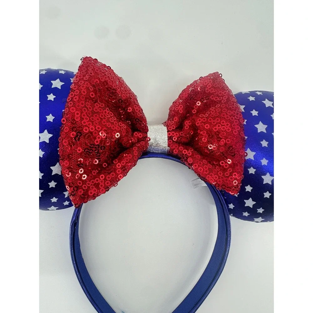 Disney Minnie Mouse Americana Star Ears Red Sequin Bow Headband Patriotic Blue